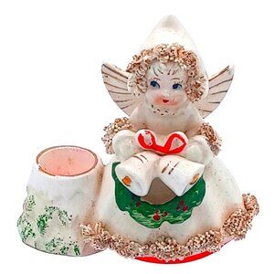 Vintage 1950s Commodore Spaghetti Christmas Angel With Wreath Candle Holder